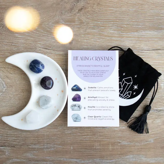Healing Crystal Set with Moon Trinket Dish - Stress, Anxiety & Restful Sleep