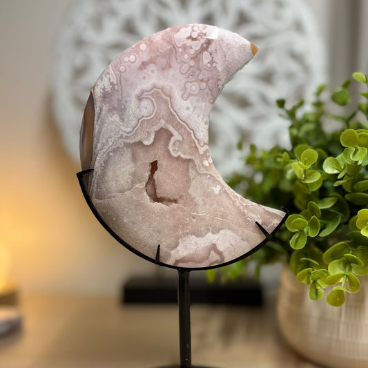 Pink Amethyst and Flower Agate Moon on Stand