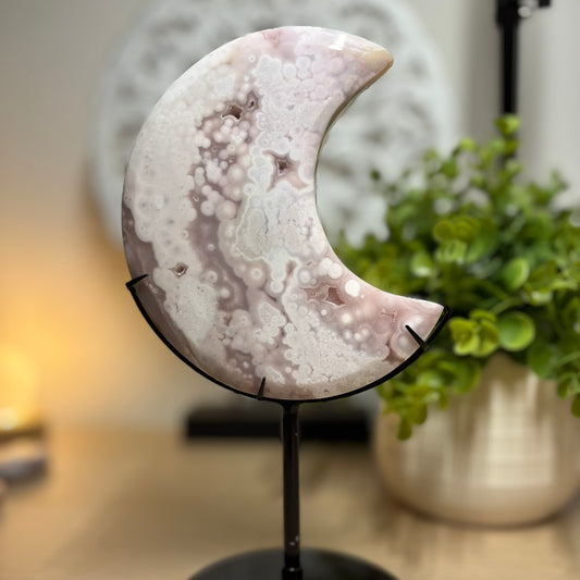 Pink Amethyst and Flower Agate Moon on Stand