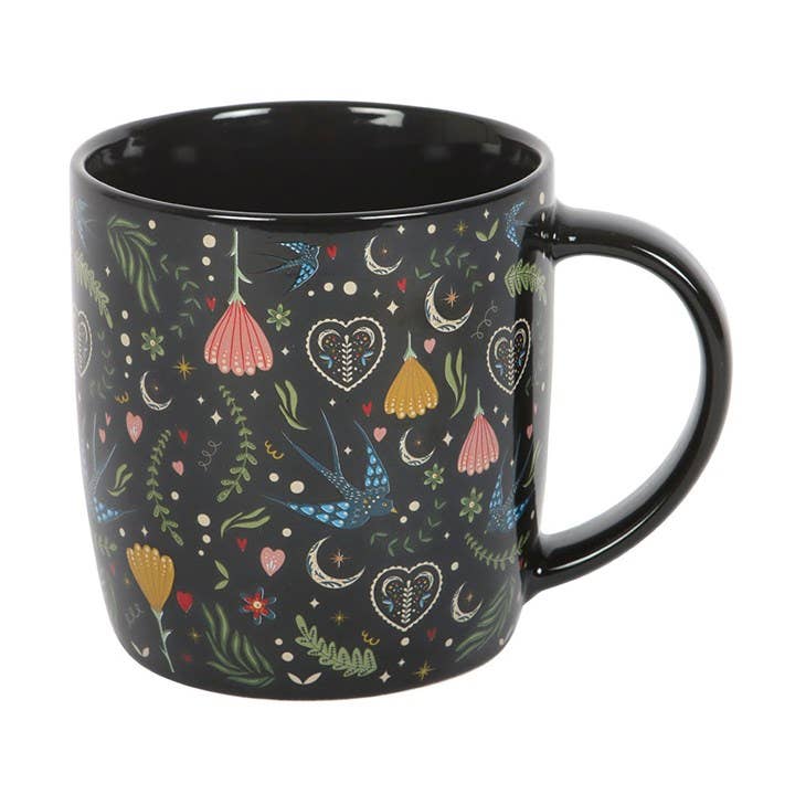 Black Midnight Bloom Folk Floral Print Mug