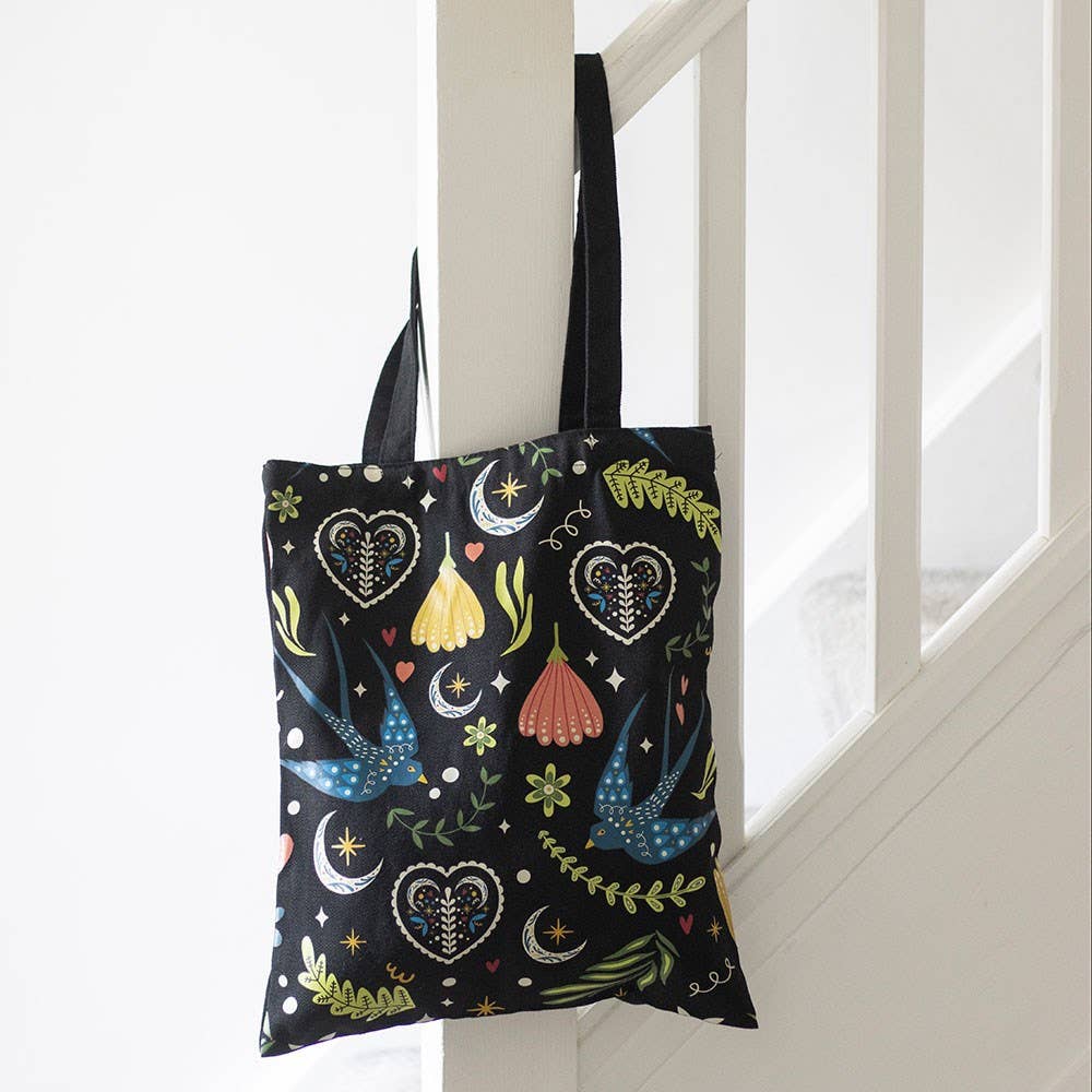 Black Folk Floral Polycotton Tote Bag