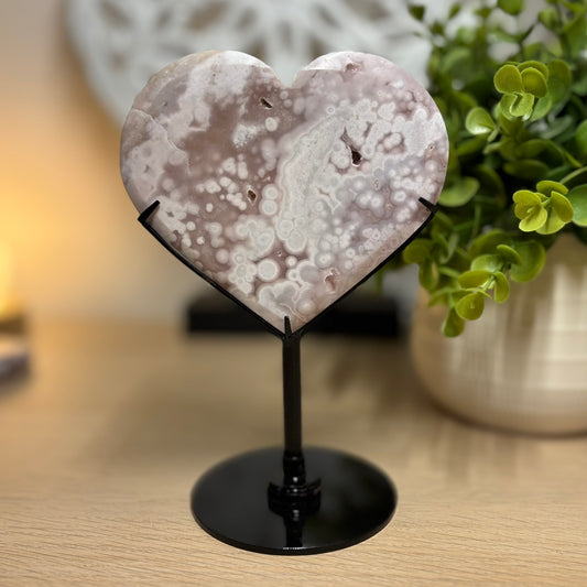 Pink Amethyst and Flower Agate Heart on Stand