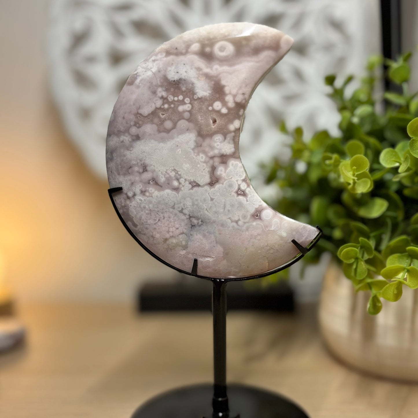 Pink Amethyst and Flower Agate Moon on Stand