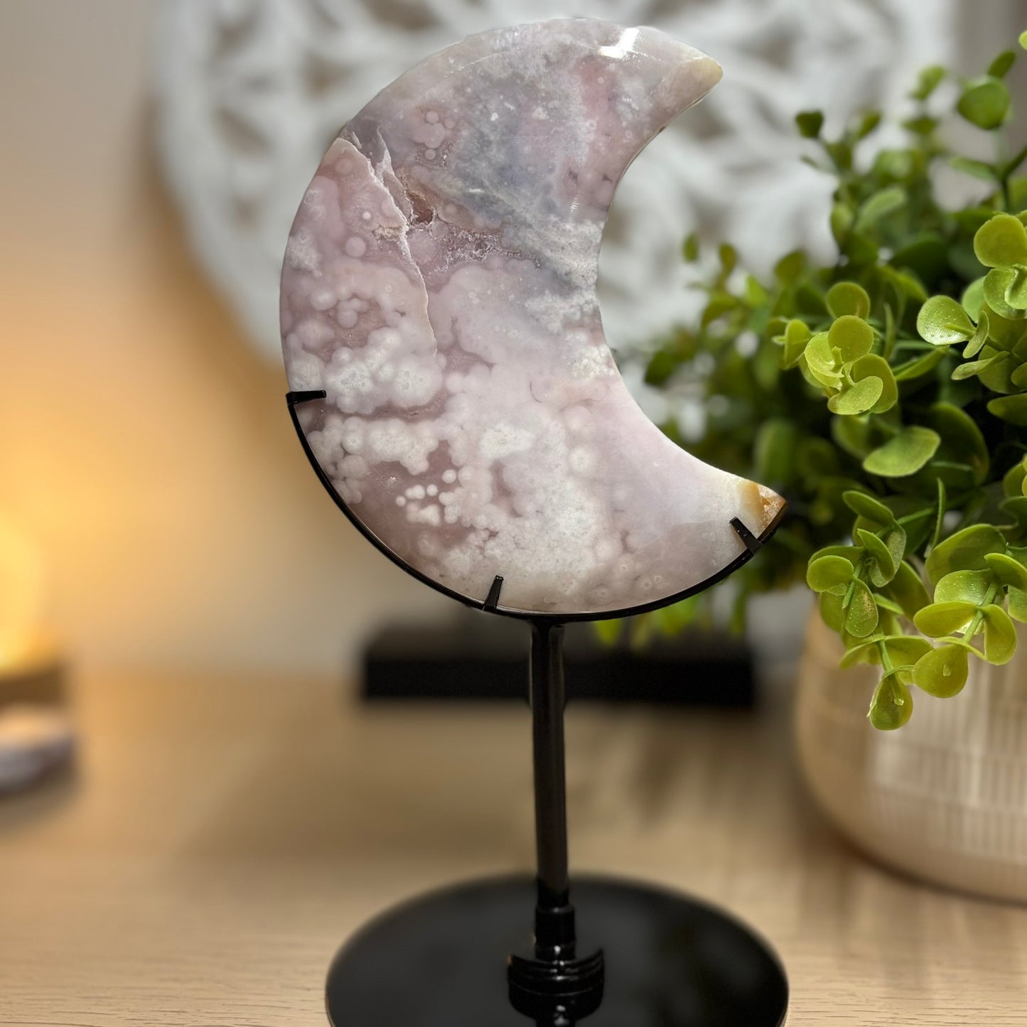 Pink Amethyst and Flower Agate Moon on Stand