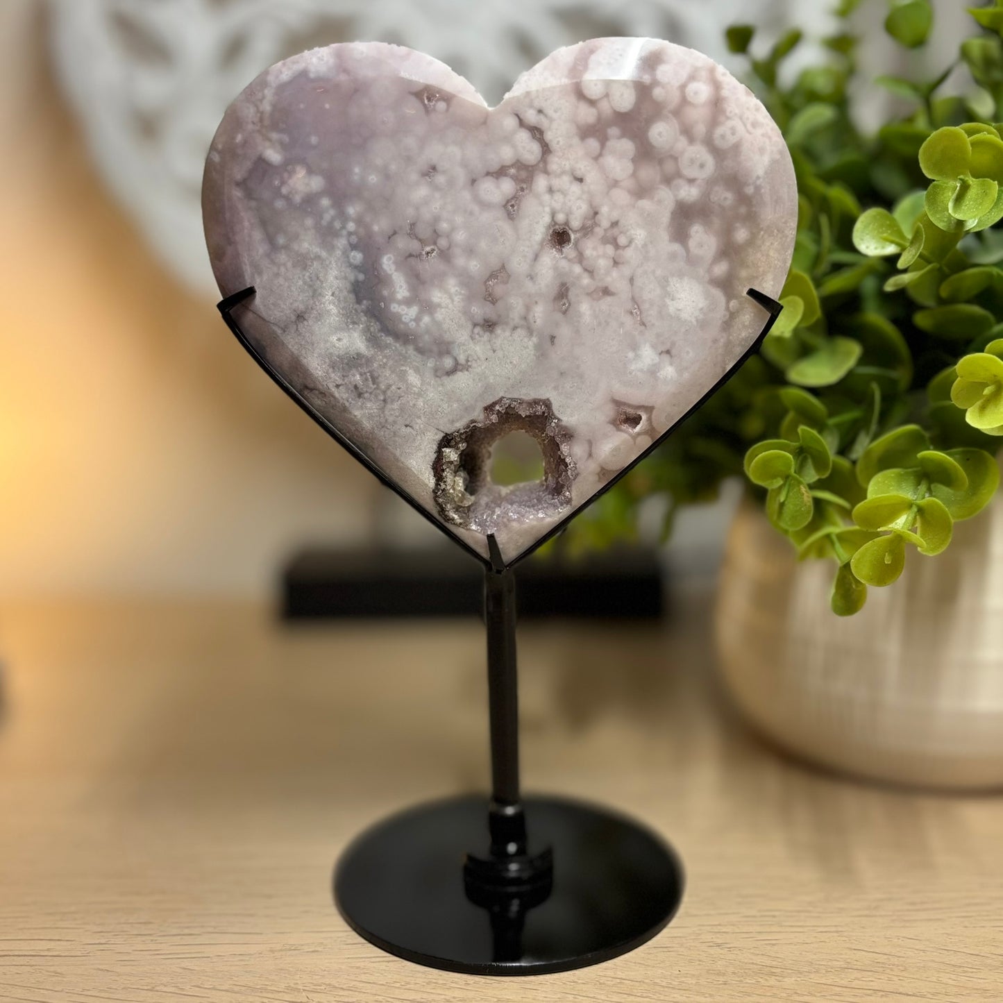 Pink Amethyst and Flower Agate Heart on Stand