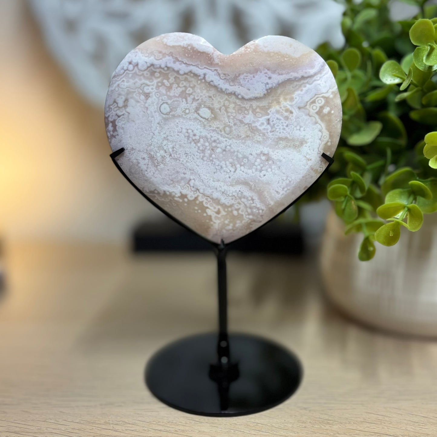 Pink Amethyst and Flower Agate Heart on Stand