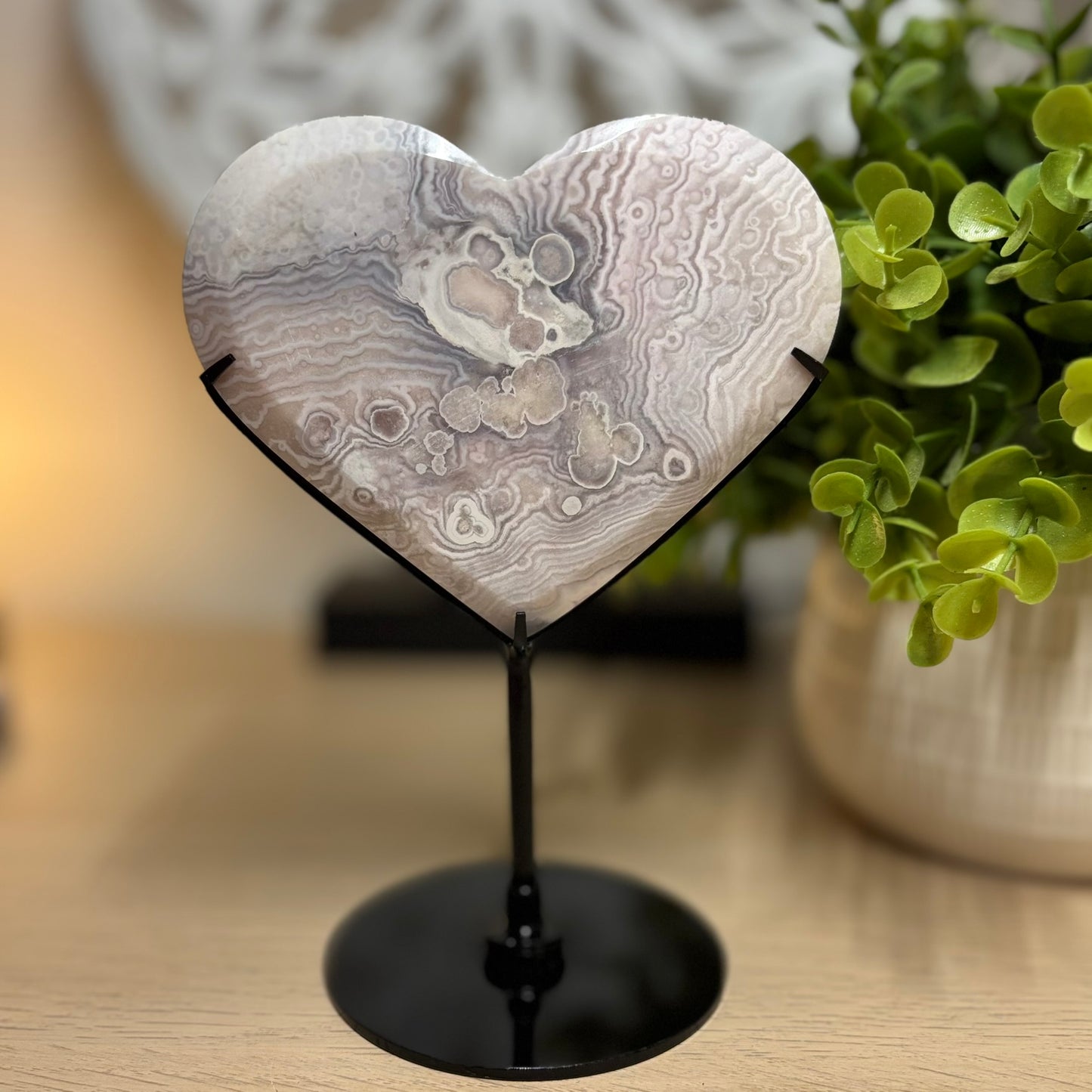 Pink Amethyst and Flower Agate Heart on Stand