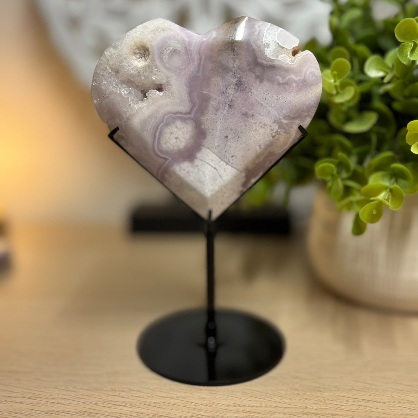 Pink Amethyst and Flower Agate Heart on Stand