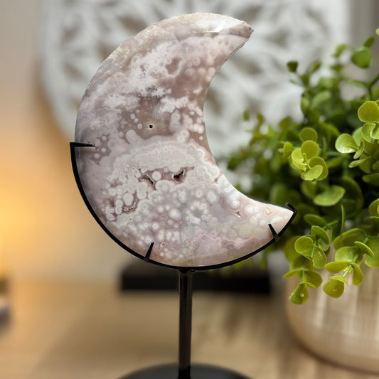 Pink Amethyst and Flower Agate Moon on Stand