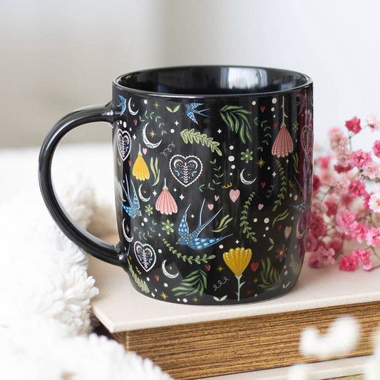 Black Midnight Bloom Folk Floral Print Mug