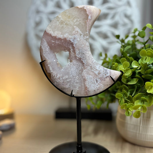 Pink Amethyst and Flower Agate Moon on Stand