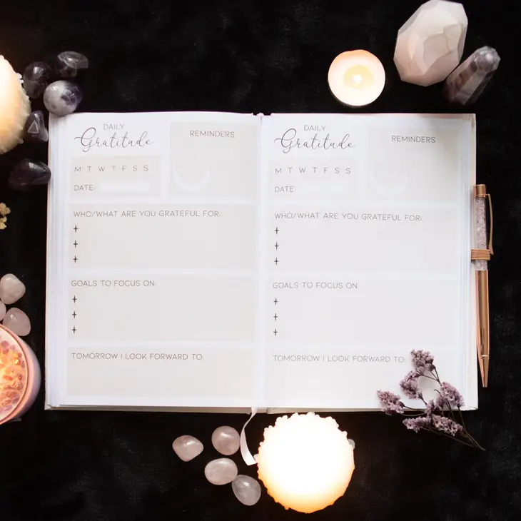 Gratitude Journal Notebook with Rose Quartz Crytal Chip Pen