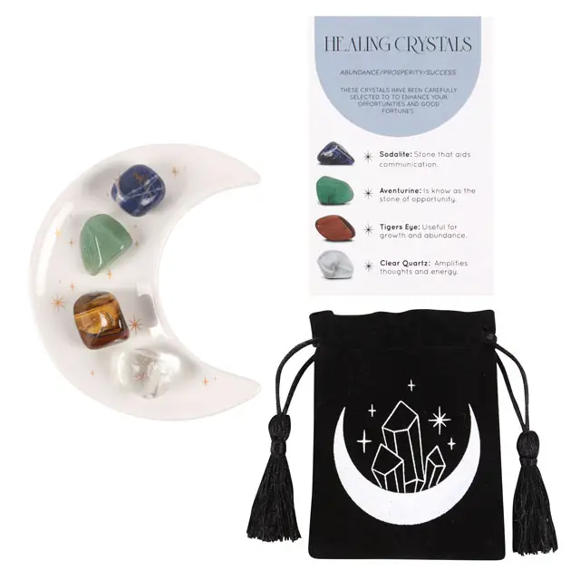 Healing Crystal Set with Moon Trinket Dish - Abundance, Prosperity & Success