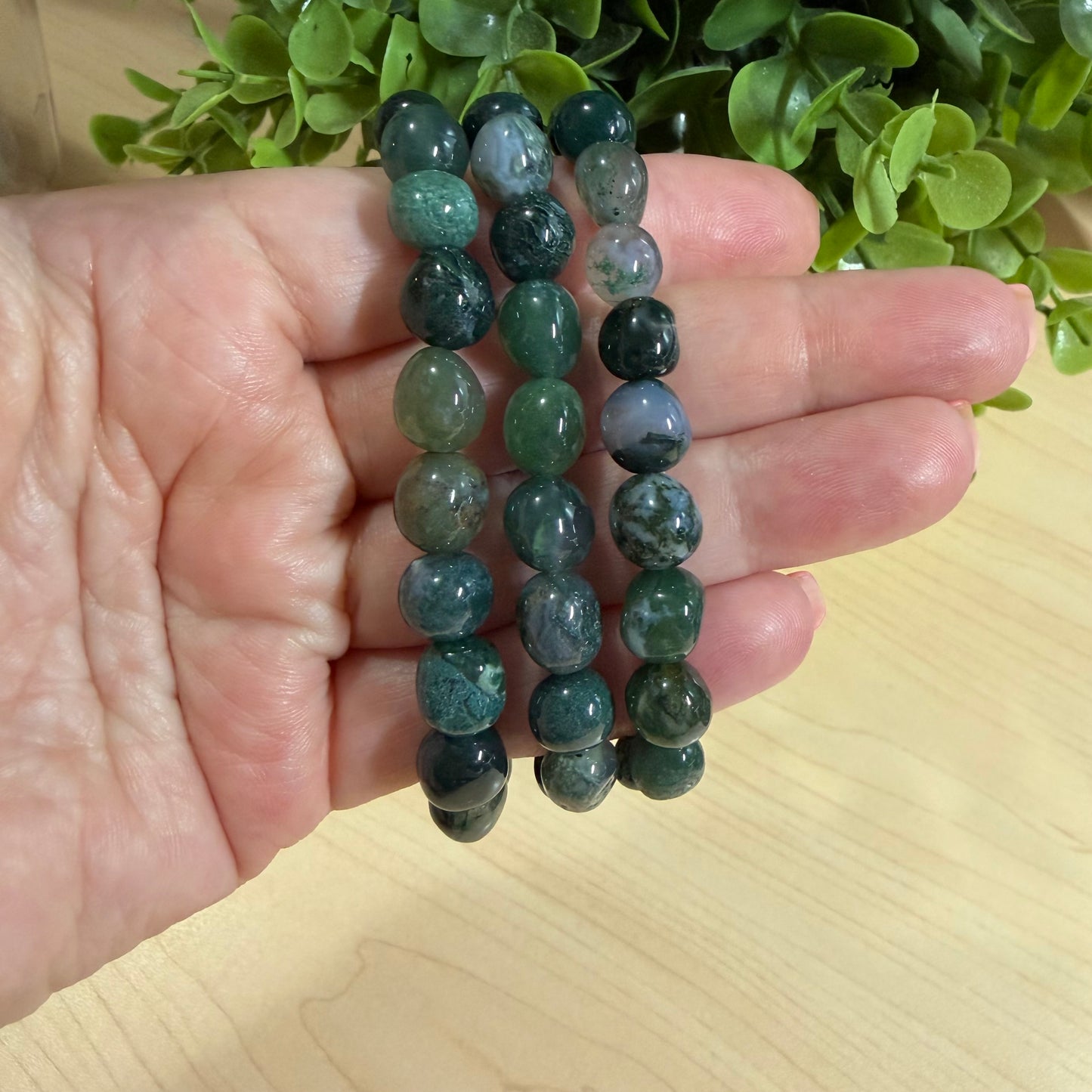 Moss Agate Pebble Bead Bracelet