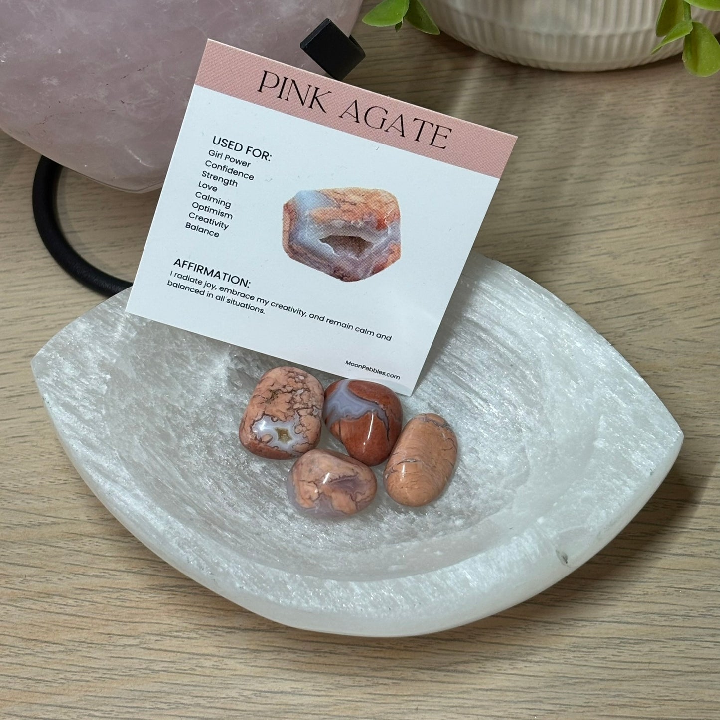 Pink Agate Crystal Tumbles (4 Pack + Info Card)