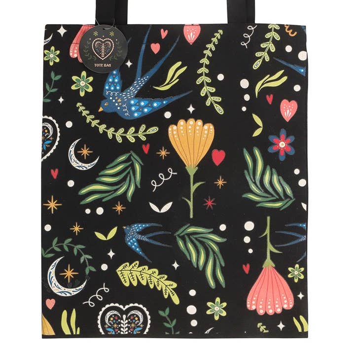 Black Folk Floral Polycotton Tote Bag
