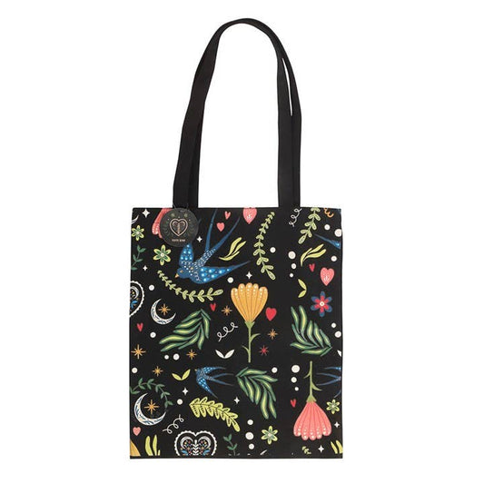 Black Folk Floral Polycotton Tote Bag