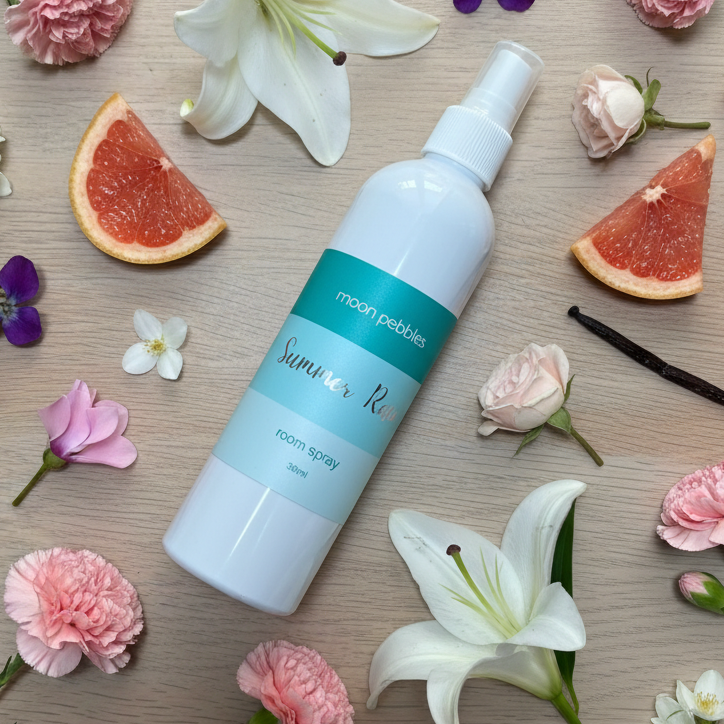 Summer Rain Room Spray Flat Lay - Light Wood